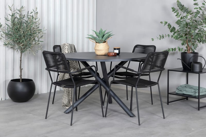 Alma Matgrupp Utomhus Rund Ø120cm + 4 Lindos Karmstolar - Brun/Vit - Utemöbler - Utegrupp - Matgrupp utomhus