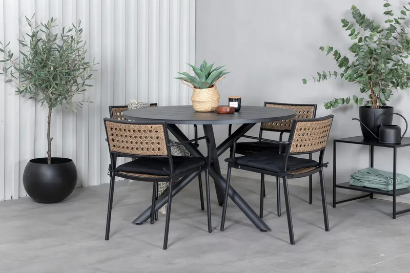 Alma Matgrupp Utomhus Rund Ø120cm + 4 Paola Matstolar - Svart/Natur - Utemöbler - Utegrupp - Matgrupp utomhus