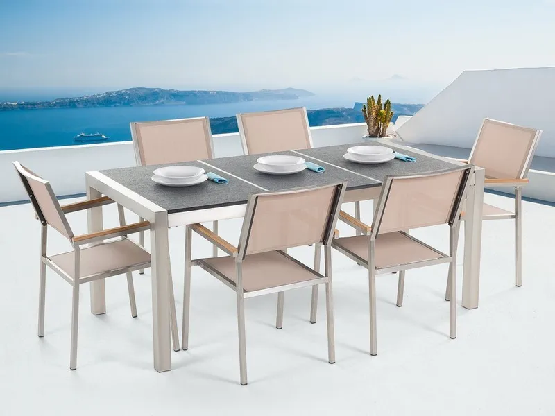 Bacoli Matgrupp Utomhus 180 cm + 6 Utestolar, Grå
