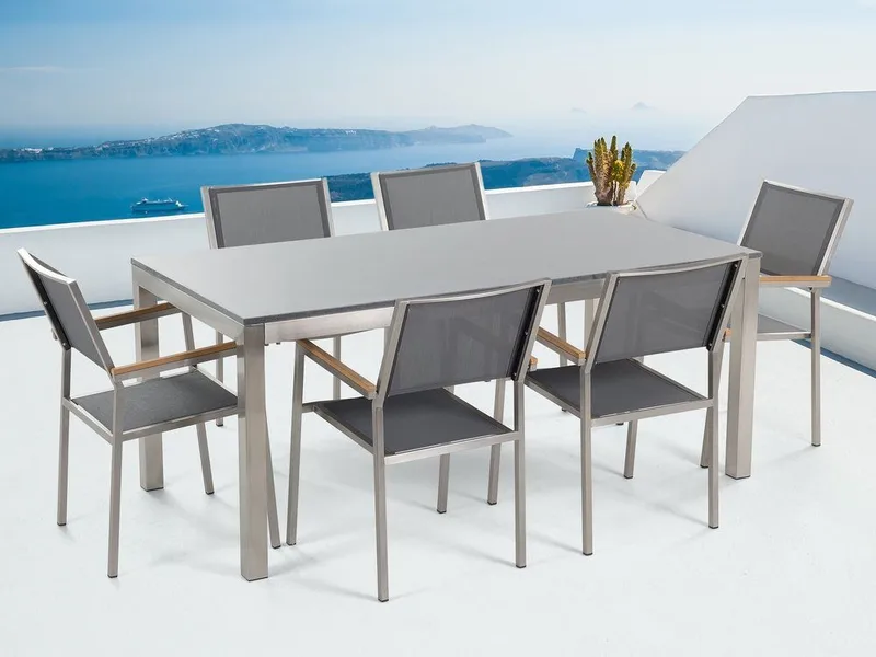 Bacoli Matgrupp Utomhus 180 cm + 6 Utestolar, Grå