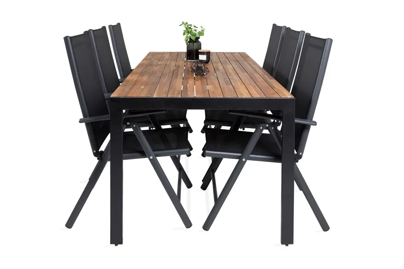 Bois Matgrupp Utomhus 200cm + 6 Break Positionsstolar, Svart/Grå