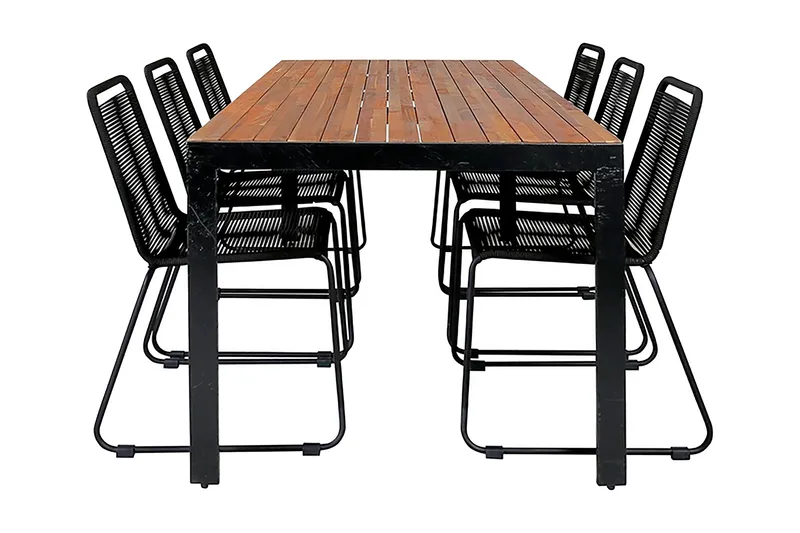 Bois Matgrupp Utomhus 205cm + 6 Lindos Stapelbara Matstolar, Svart/Grå