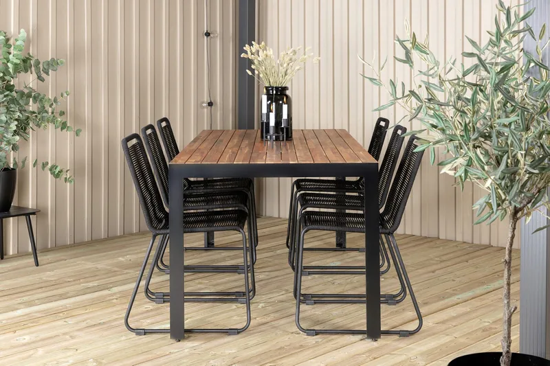Bois Matgrupp Utomhus 205cm + 6 Lindos Stapelbara Matstolar - Svart/Grå - Utemöbler - Utegrupp - Matgrupp utomhus