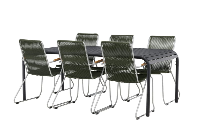 Borneo Matgrupp Utomhus 200 cm + 6 st Bois Karmstolar, Grön/Svart