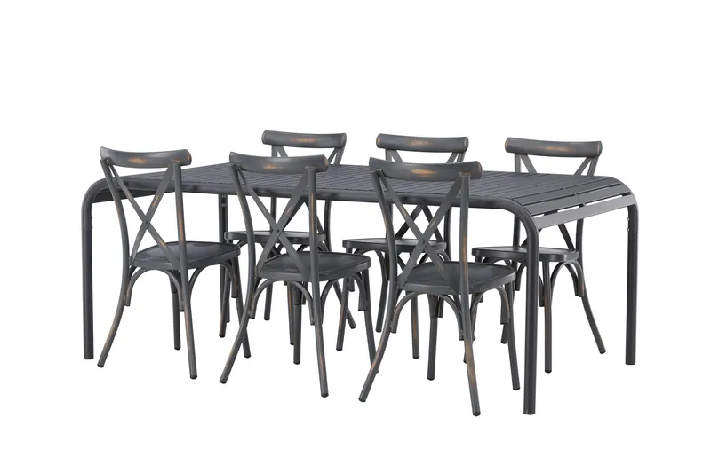 Borneo Matgrupp Utomhus 200 cm + 6 st Tablas Matstolar, Mörkgrå/Svart