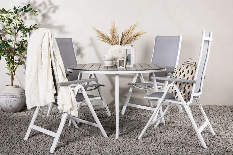 Break Matgrupp Utomhus Rund 120 cm + 4 Albany Postitionsstol - Vit/Grå - Utemöbler - Utegrupp - Matgrupp utomhus