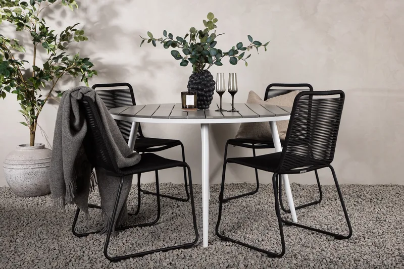 Break Matgrupp Utomhus Rund 120 cm + 4 Lindos Stapelbar Stol - Svart/Grå - Utemöbler - Utegrupp - Matgrupp utomhus