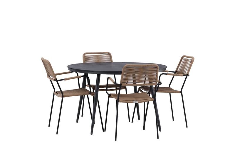 Break Matgrupp Utomhus Rund 120 cm + 4 st Lindos Karmstolar - Svart/Beige - Utemöbler - Utegrupp - Matgrupp utomhus