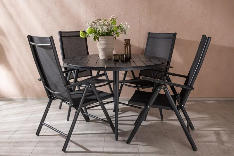 Break Matgrupp Utomhus Rund 120cm + 4 Break Positionsstol - Svart - Utemöbler - Utegrupp - Matgrupp utomhus