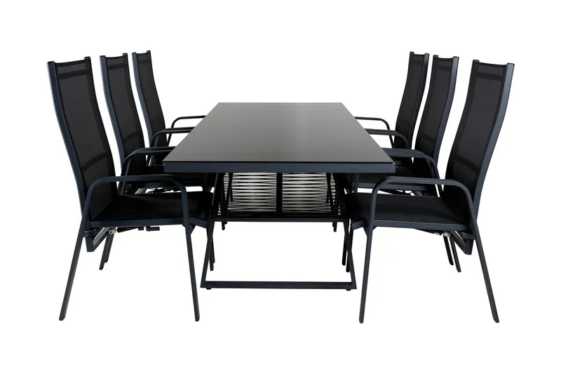 Dallas Matgrupp Utomhus 193cm + 6 Copacabana Reclinerstolar, Svart/Grå