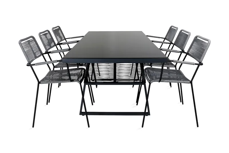 Dallas Matgrupp Utomhus 193cm + 6 Lindos Karmstolar, Svart/Grå