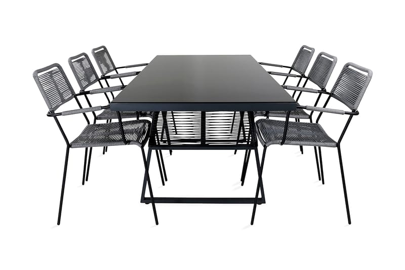 Dallas Matgrupp Utomhus 193cm + 6 Lindos Karmstolar, Svart/Grå