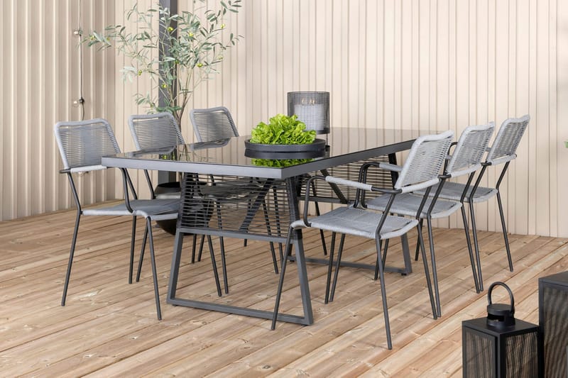 Dallas Matgrupp Utomhus 193cm + 6 Lindos Karmstolar - Svart/Grå - Utemöbler - Utegrupp - Matgrupp utomhus