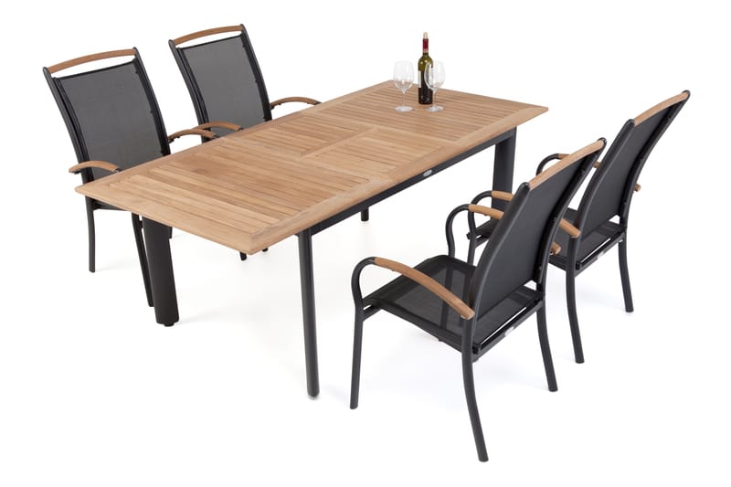 Hillerstorp Nydala Matgrupp Utomhus 96x150-200 + 4 Karmstolar - Teak/Svart - Utemöbler - Utegrupp - Matgrupp utomhus