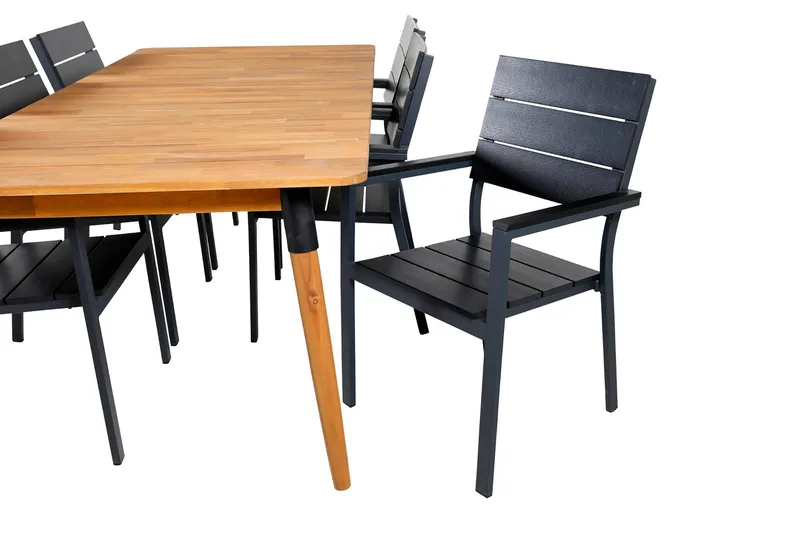 Julian Matgrupp 210cm + 6 Levels Stapelbara Matstolar Svart/ - Svart/Brun - Utemöbler - Utegrupp - Matgrupp utomhus