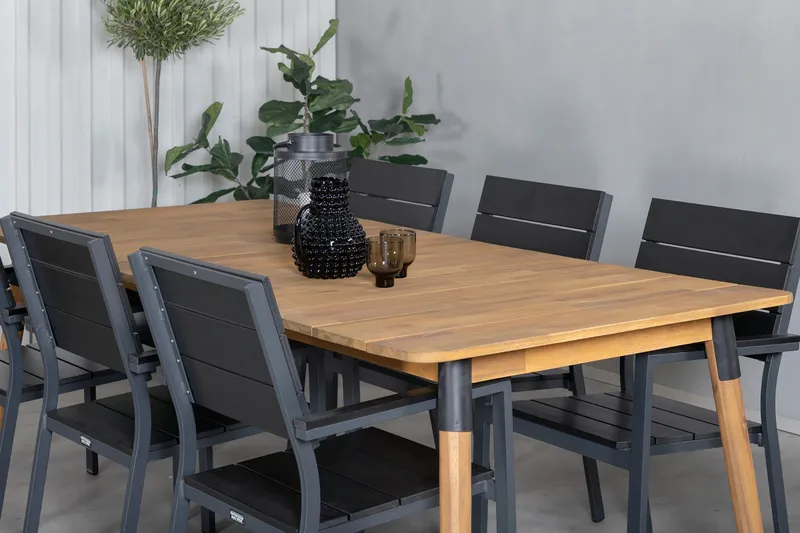 Julian Matgrupp 210cm + 6 Levels Stapelbara Matstolar Svart/ - Svart/Brun - Utemöbler - Utegrupp - Matgrupp utomhus