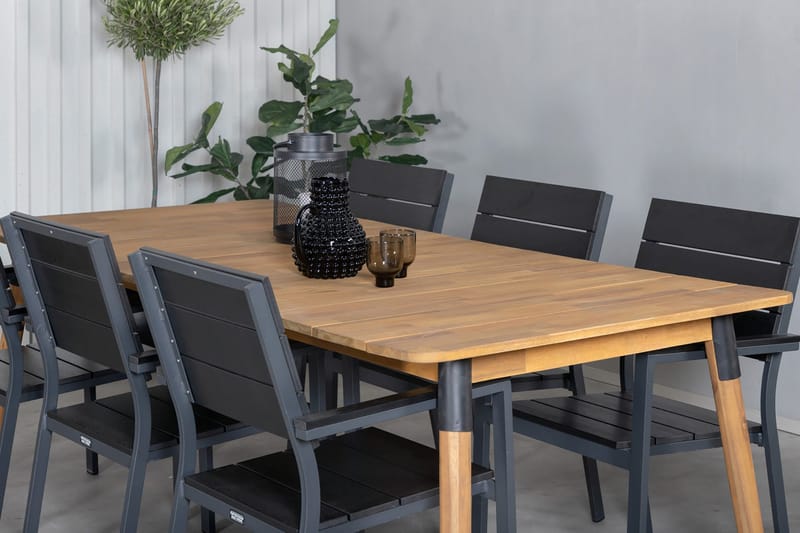 Julian Matgrupp 210cm + 6 Levels Stapelbara Matstolar Svart/ - Svart/Brun - Utemöbler - Utegrupp - Matgrupp utomhus