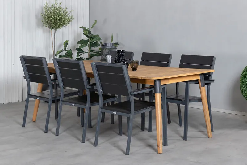 Julian Matgrupp 210cm + 6 Levels Stapelbara Matstolar Svart/ - Svart/Brun - Utemöbler - Utegrupp - Matgrupp utomhus