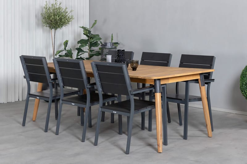 Julian Matgrupp 210cm + 6 Levels Stapelbara Matstolar Svart/ - Svart/Brun - Utemöbler - Utegrupp - Matgrupp utomhus