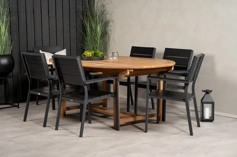 Kenya Matgrupp 180-240x120 cm + 6 Levels Stapelbar Stol - Svart/Brun - Utemöbler - Utegrupp - Matgrupp utomhus