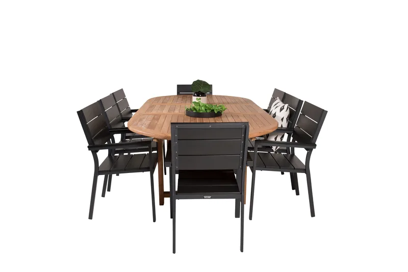 Kenya Matgrupp 180-240x120 cm + 8 Levels Stapelbar Stol - Svart/Brun - Utemöbler - Utegrupp - Matgrupp utomhus