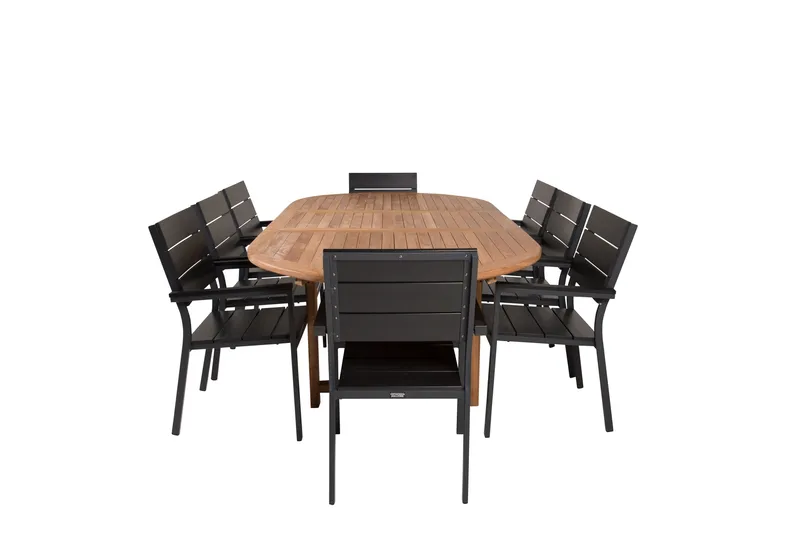 Kenya Matgrupp 180-240x120 cm + 8 Levels Stapelbar Stol, Svart/Brun