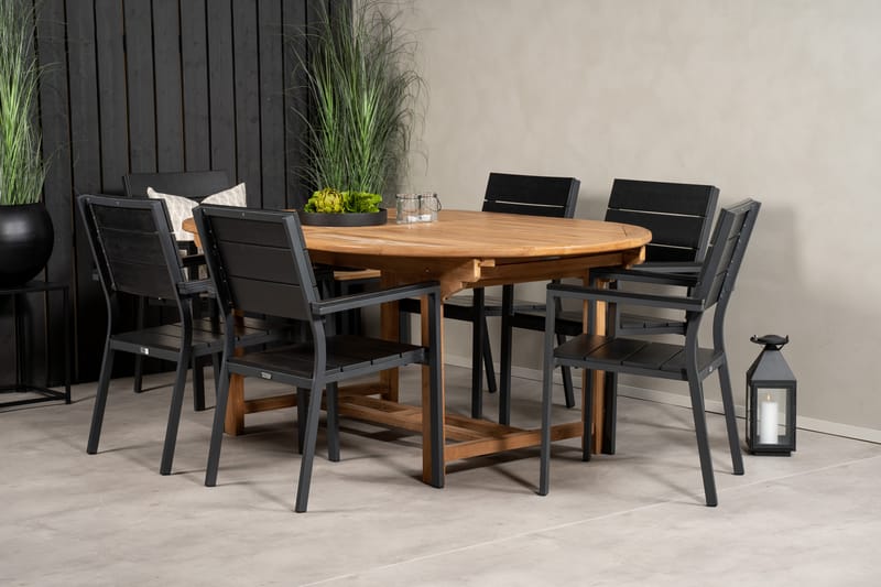 Kenya Matgrupp Utomhus 180-240x120 cm + 6 Levels Stapelbar Stol - Svart/Brun - Utemöbler - Utegrupp - Matgrupp utomhus