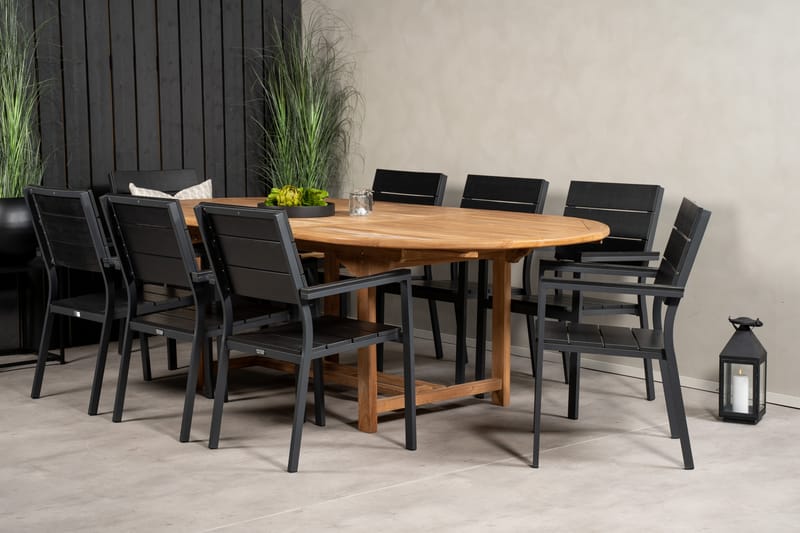 Kenya Matgrupp Utomhus 180-240x120 cm + 8 Levels Stapelbar Stol - Svart/Brun - Utemöbler - Utegrupp - Matgrupp utomhus