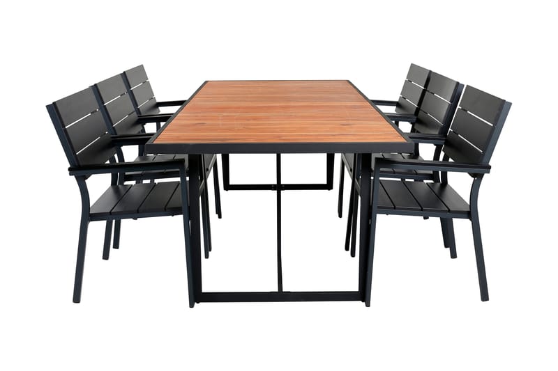 Khung Matgrupp Utomhus 200cm + 6 Levels Stapelbara Matstolar, Svart/Brun