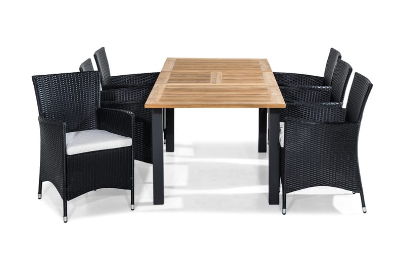 Las Vegas Matgrupp Utomhus 152-210x90 + 6 Thor Fåtölj m Dyna, Teak/Svart/Grå