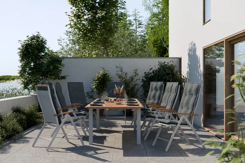 Las Vegas Matgrupp Utomhus 220-280 + 8 Positionsstol Lyx m Dyna - Vit/Teak/Vit/Teak/Grå - Utemöbler - Utegrupp - Matgrupp utomhus