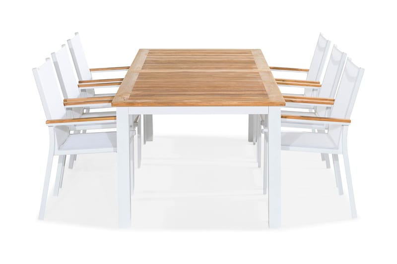 Las Vegas Matgrupp Utomhus 220-280x100 + 6 Stapelstolar, Teak/Vit