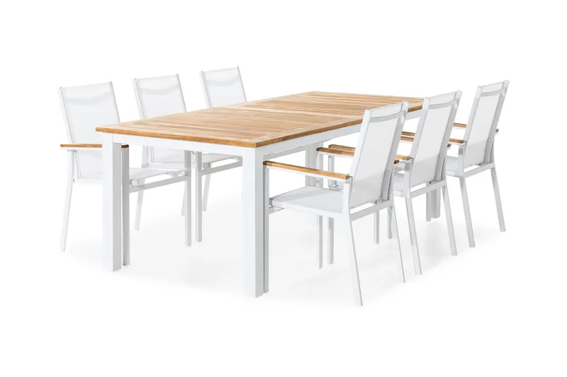 Las Vegas Matgrupp Utomhus 220-280x100 + 6 Stapelstolar - Teak/Vit - Utemöbler - Utegrupp - Matgrupp utomhus