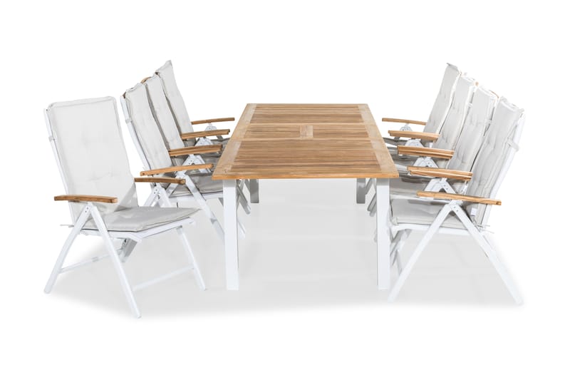 Las Vegas Matgrupp Utomhus 220-280x100+ 8 Positionsstol Lyx Stol m D - Teak/Vit - Utemöbler - Utegrupp - Matgrupp utomhus