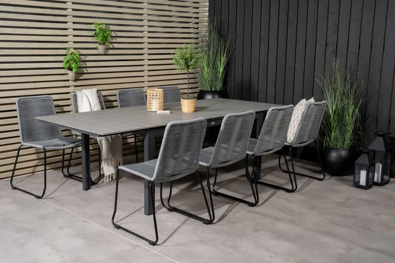 Levels Förlängningsbar Matgrupp 160cm + 8 Lindos Stolar Svar - Svart/Grå - Utemöbler - Utegrupp - Matgrupp utomhus