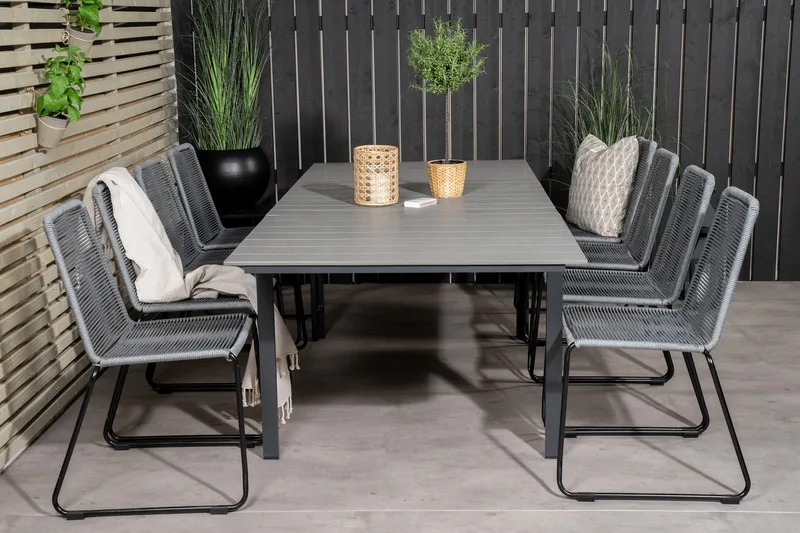 Levels Förlängningsbar Matgrupp 160cm + 8 Lindos Stolar Svar - Svart/Grå - Utemöbler - Utegrupp - Matgrupp utomhus