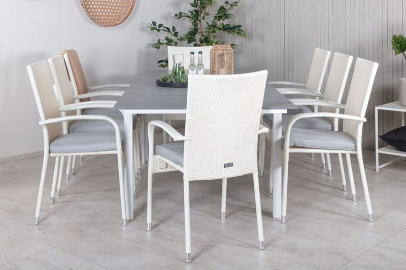 Levels Förlängningsbar Matgrupp Utomhus 160-240cm + 8 Anna Stolar, Vit/Grå