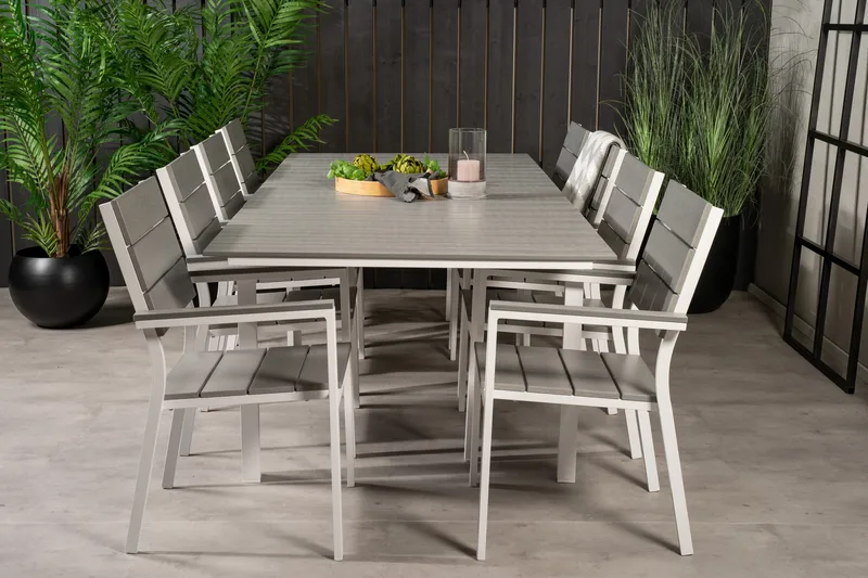Levels Förlängningsbar Matgrupp Utomhus 160cm + 8 Matstolar, Vit/Grå