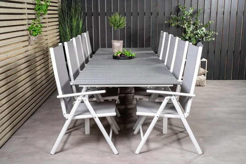 Levels Förlängningsbar Matgrupp Utomhus 224cm + 10 Break Stolar - Grå/Vit - Utemöbler - Utegrupp - Matgrupp utomhus