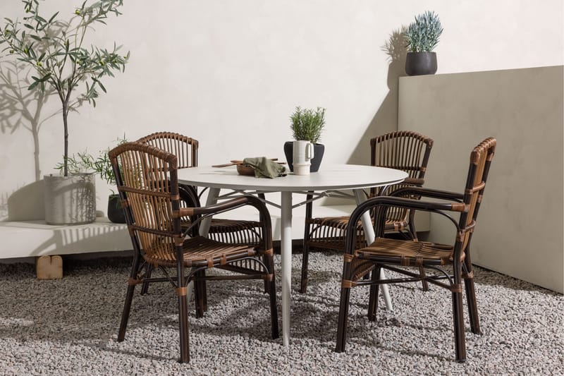 Lina Matgrupp Rund 120 cm + 4 st Galera Karmstolar Brun/Vit - Brun/Vit - Utemöbler - Utegrupp - Matgrupp utomhus