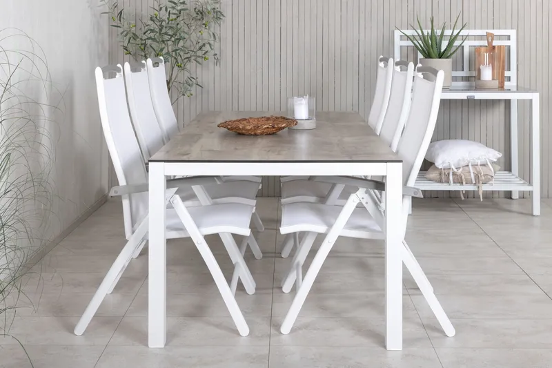 Llama Matgrupp Utomhus 205cm + 6 Albany Positionsstolar, Vit/Grå