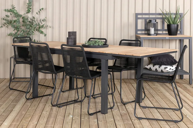 Mexico Förlängningsbar Matgrupp Utomhus 160cm + 6 Lindos Matstolar - Svart - Utemöbler - Utegrupp - Matgrupp utomhus