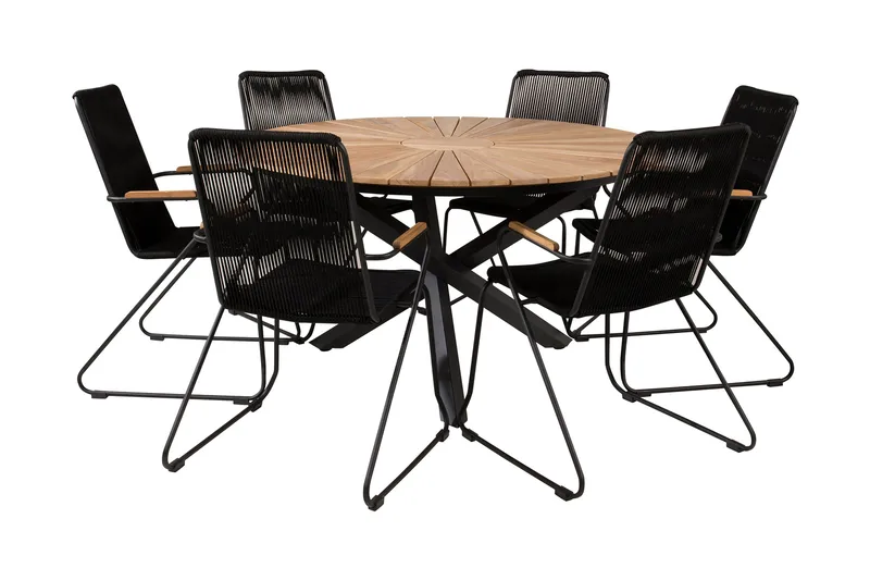 Mexico Matgrupp Utomhus Rund Ø140cm + 6 Bois Karmstolar, Svart/Natur