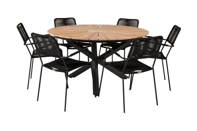 Mexico Matgrupp Utomhus Rund Ø140cm + 6 Lindos Karmstolar, Svart