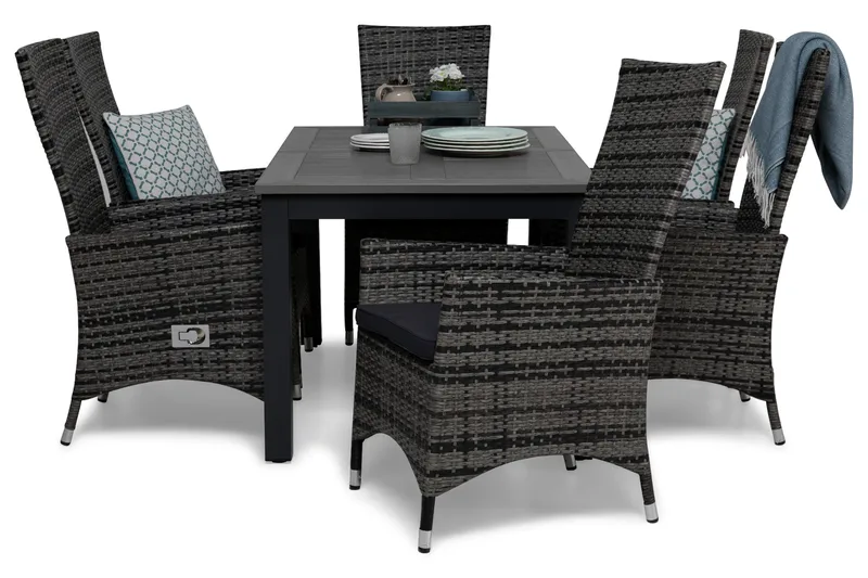 Monaco Matgrupp 152-210 + 6 Jenny Ställbar Fåtölj m Dyna - Svart/Grå - Utemöbler - Utegrupp - Matgrupp utomhus