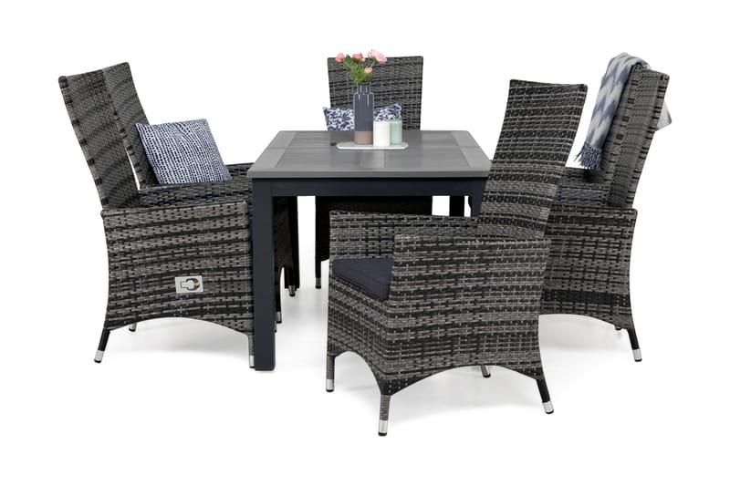 Monaco Matgrupp 152-210 + 6 Jenny Ställbar Fåtölj m Dyna, Svart/Grå