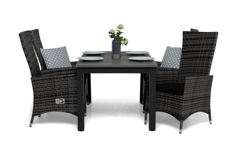 Monaco Matgrupp Utomhus 152-210 + 4 Jenny Ställbar Fåtölj m Dyna, Grå/Svart