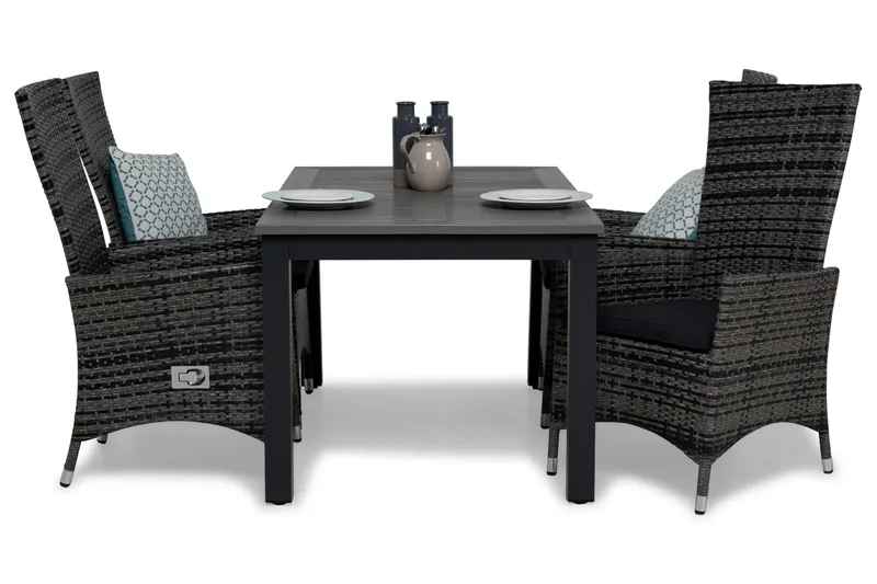 Monaco Matgrupp Utomhus 152-210 + 4 Jenny Ställbar Fåtölj m Dyna, Svart/Grå