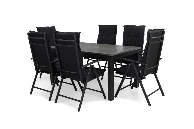 Monaco Matgrupp Utomhus 152-210 + 6 Maggie Positionsstol m Dyna, Svart/Svart/Grå