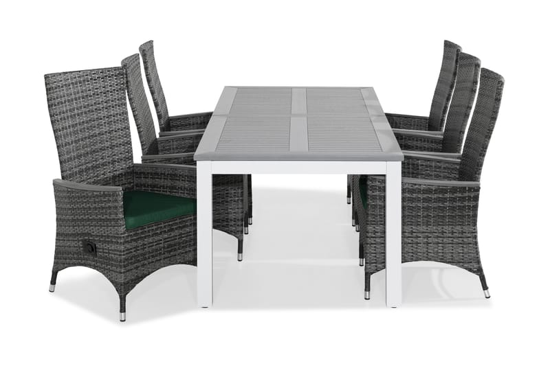 Monaco Matgrupp Utomhus 220-280x100 + 6 Jenny Fåtölj Ställbar m Dyna - Vit/Grå/Grön - Utemöbler - Utegrupp - Matgrupp utomhus